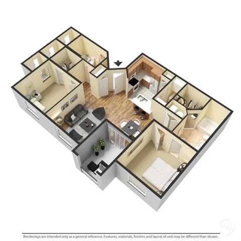 Floor plan for 2 beds, 2 baths, 1022 sqft